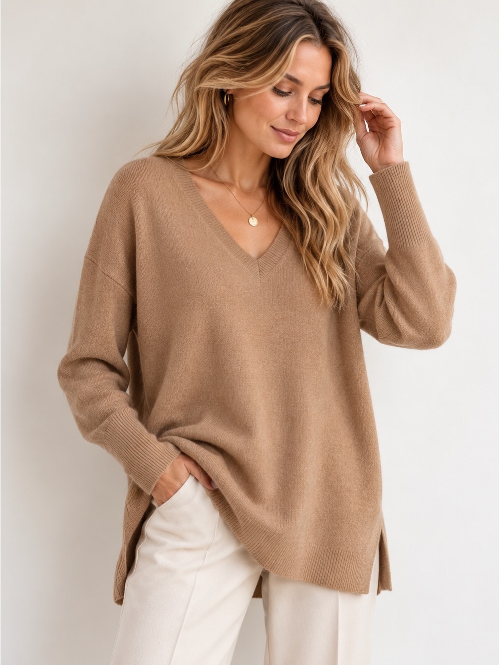Max Studio 100% Cashmere V-Neck Tunic Sweater Camel Tan M
